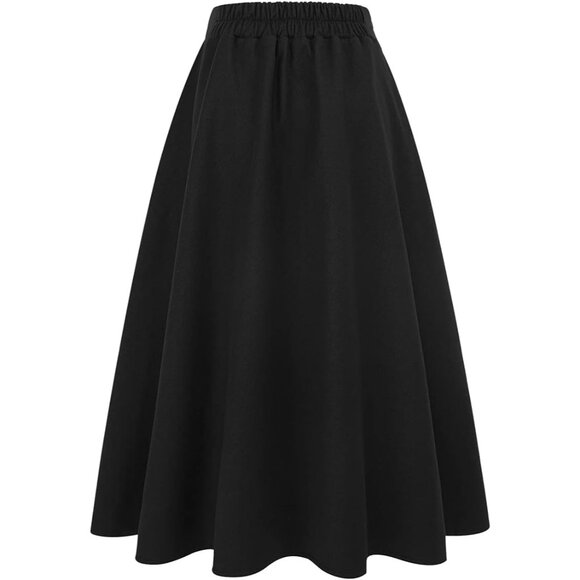 Womens LongPure Black Elastic Waist A-Line Pleated Tartan Long Plaid Wool Skirts - Picture 2 of 5